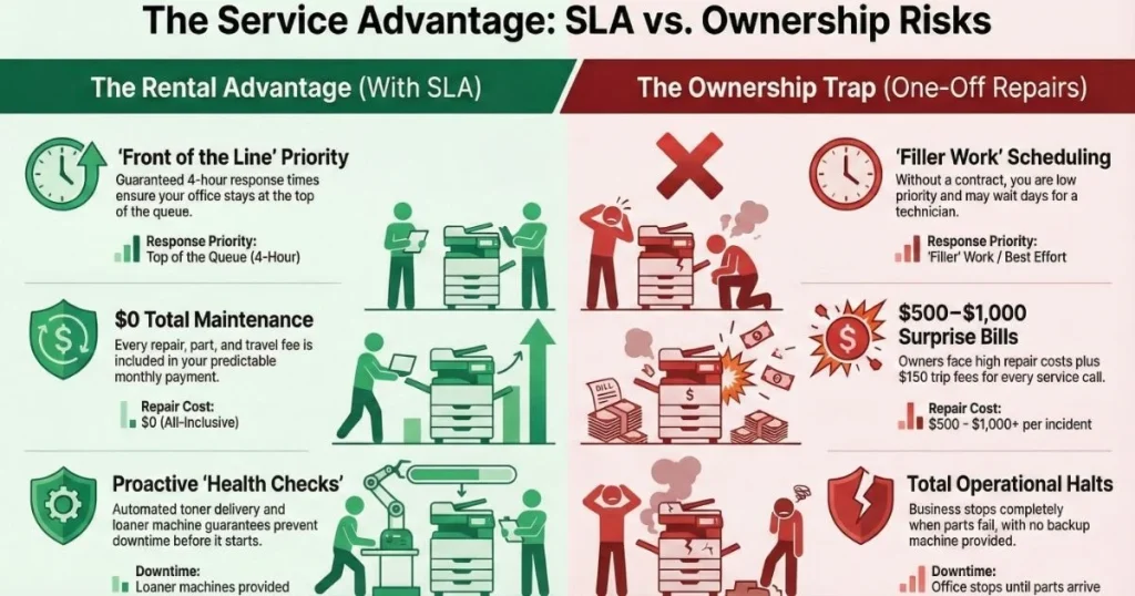 Comparison chart for Las Vegas offices showing rental benefits like guaranteed 4-hour response times versus ownership risks like $1,000 surprise repair bills.