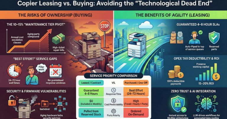 Infographic for Las Vegas businesses comparing copier ownership risks like 15% cost escalation versus leasing benefits like 4-8 hour SLAs.