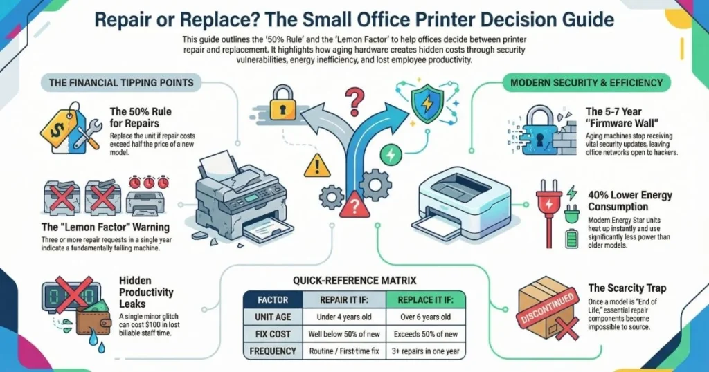 A financial tipping point matrix for Printer Repair in Las Vegas businesses, highlighting the scarcity trap and firmware security barriers.