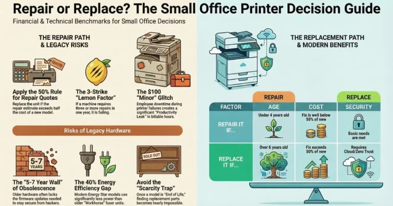 Visual guide for Las Vegas offices deciding on Printer Repair, featuring the 50% rule, 3-strike lemon factor, and legacy hardware risks.