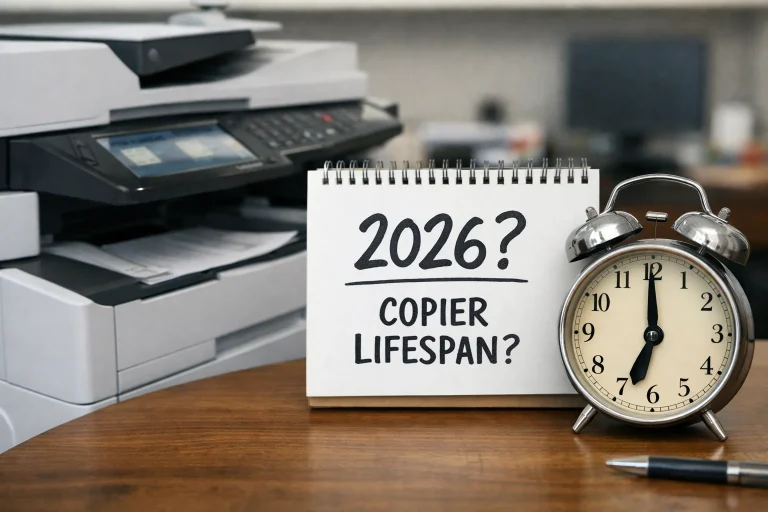 A desktop calendar and alarm clock next to an office copier questioning the average machine lifespan for Las Vegas businesses in 2026.