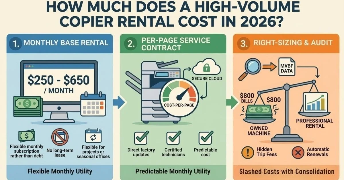 Infographic showing a Las Vegas Copier Rental Cost between $250 and $650 per month, featuring flexible monthly subscriptions and no long-term debt.
