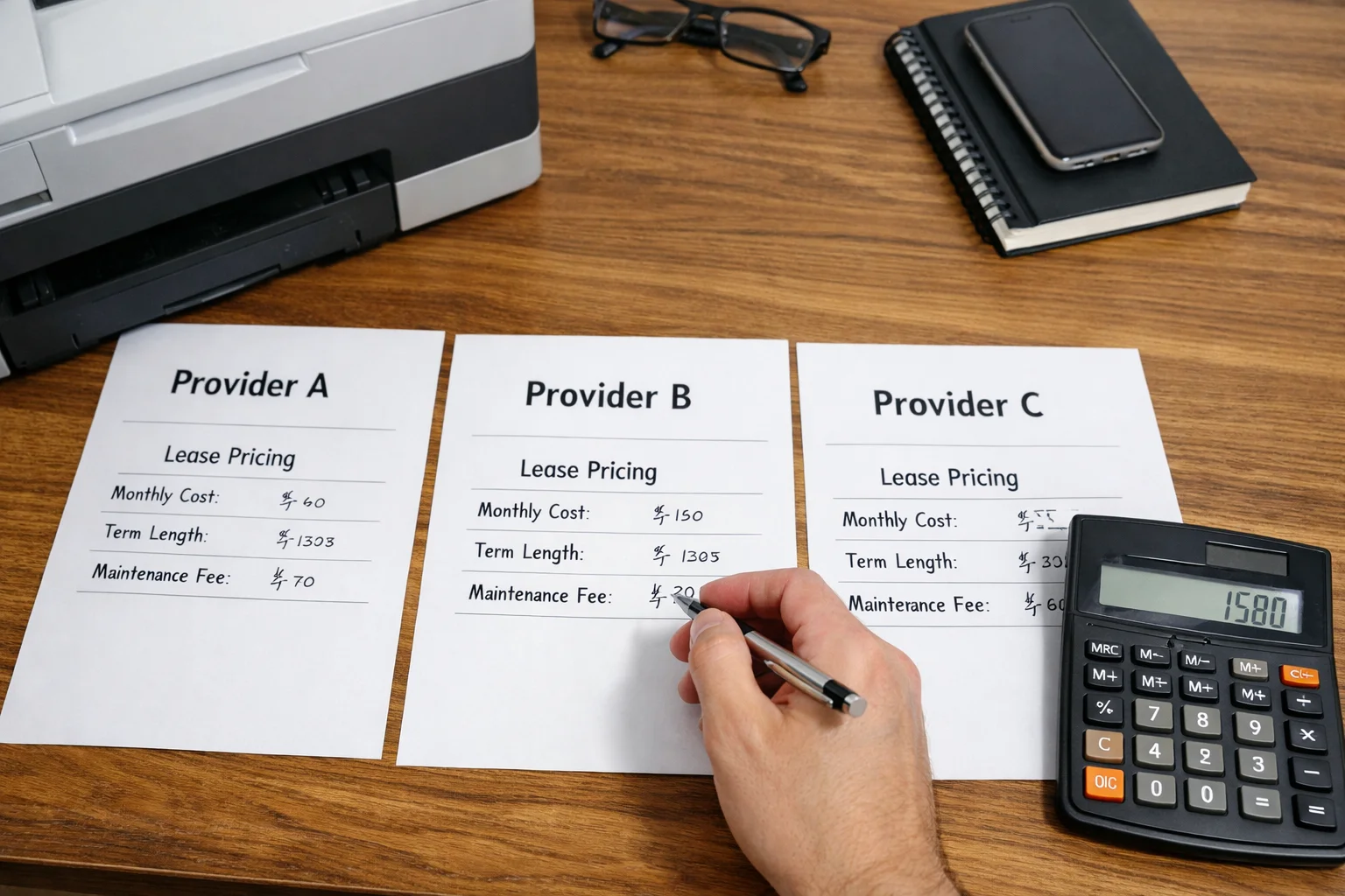 A professional in Las Vegas comparing copier lease pricing quotes from three different providers including monthly costs and maintenance fees.