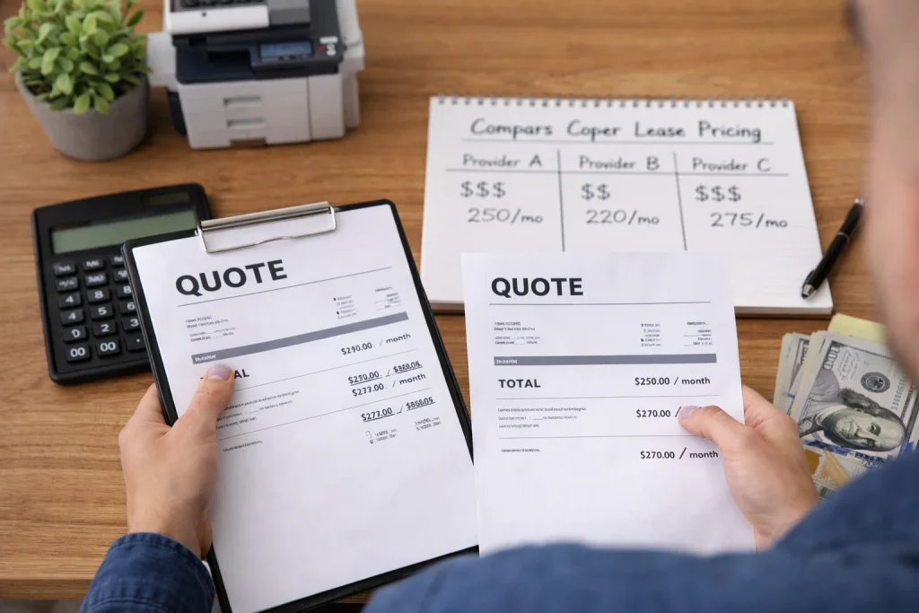 Close-up of an office manager at 500 North Rainbow Blvd reviewing copier lease pricing quote papers and cash for office equipment.