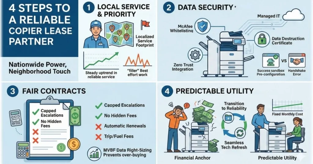 Comparison chart for a Reliable Copier Lease in Las Vegas, showcasing 4-hour response times, McAfee whitelisting, and no hidden service fees.