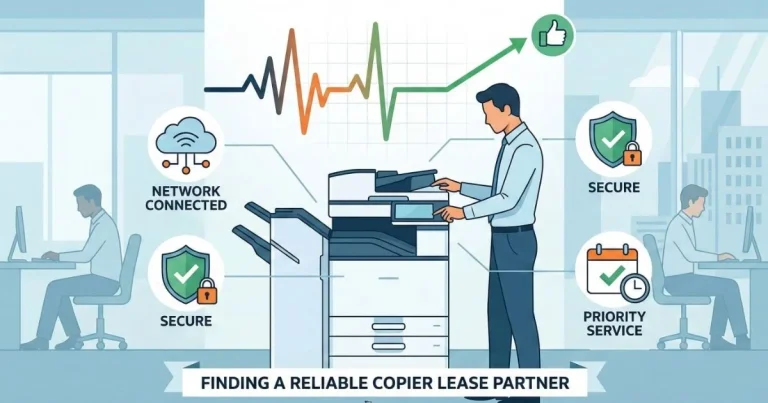 A Las Vegas technician providing a Reliable Copier Lease, featuring 4-hour SLAs, secure network connectivity, and priority service.