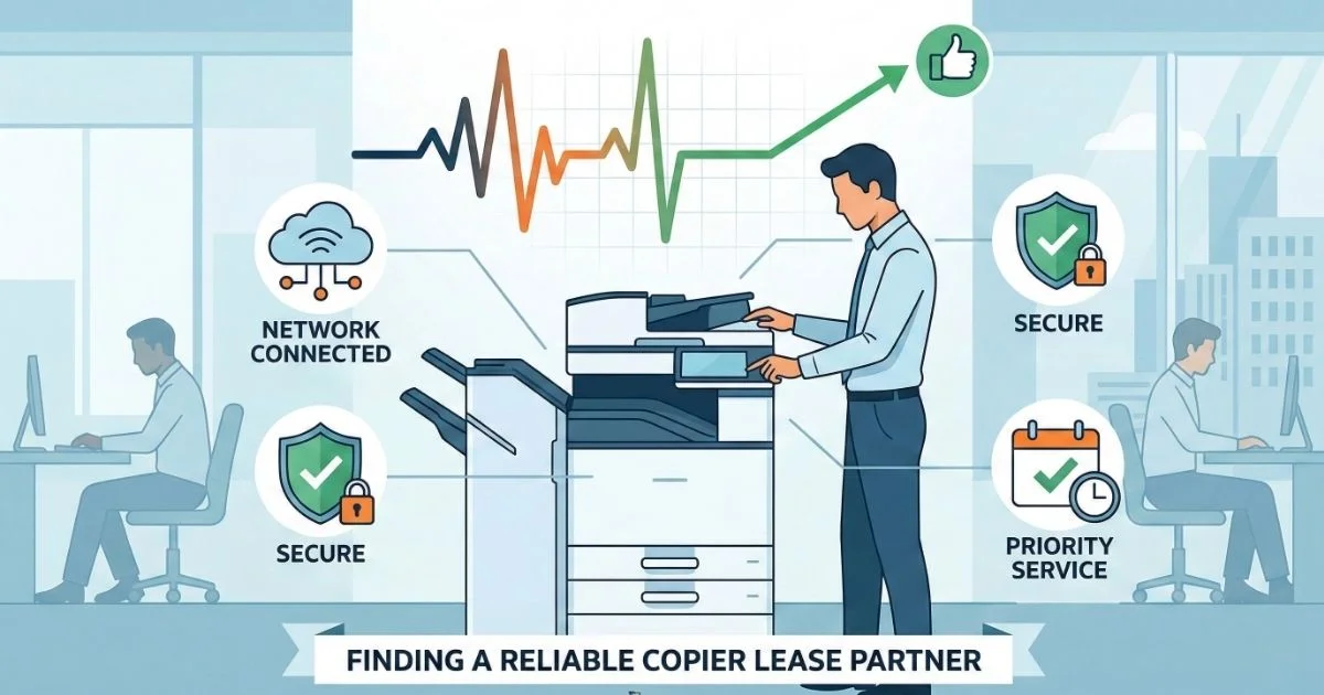 A Las Vegas technician providing a Reliable Copier Lease, featuring 4-hour SLAs, secure network connectivity, and priority service.