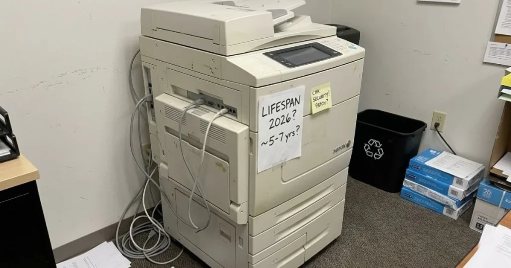 An older Xerox copier in a Las Vegas office corner with a handwritten note regarding its 2026 lifespan and security patch requirements.