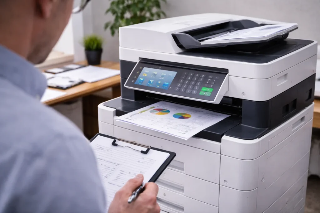 An office worker at 500 North Rainbow Blvd reviewing high-quality color charts from enterprise-grade multifunction copiers.