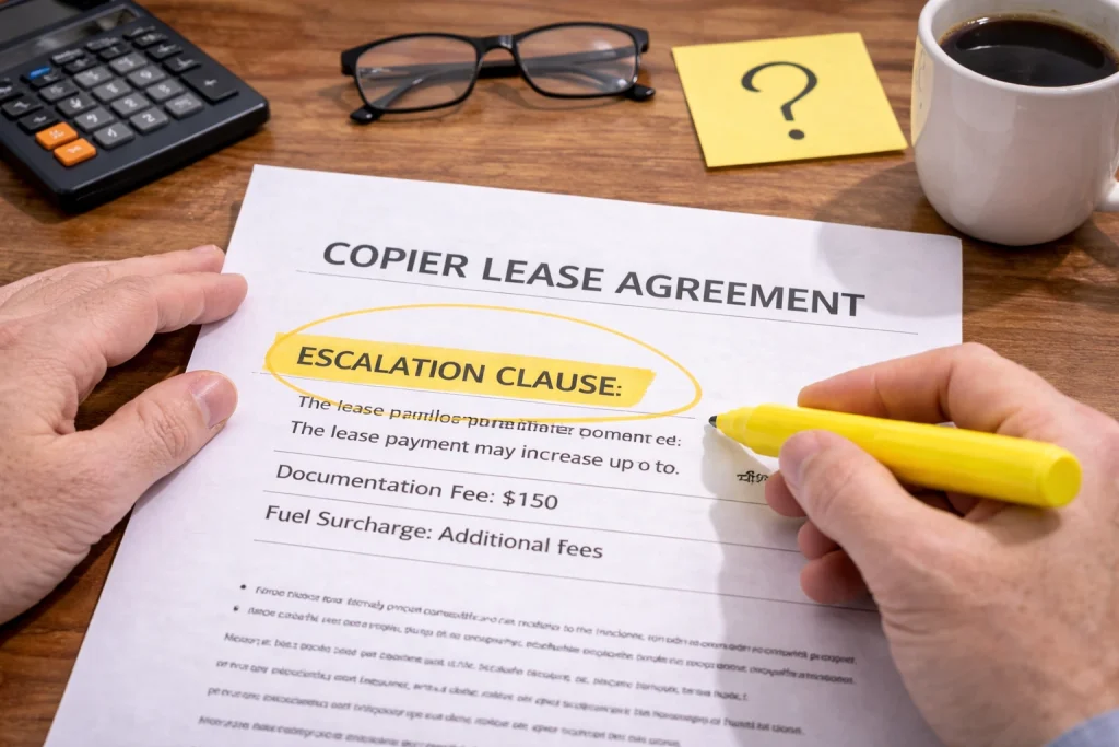 Hand highlighting a clause in a Las Vegas Copier Lease Agreement to ensure all terms are understood.