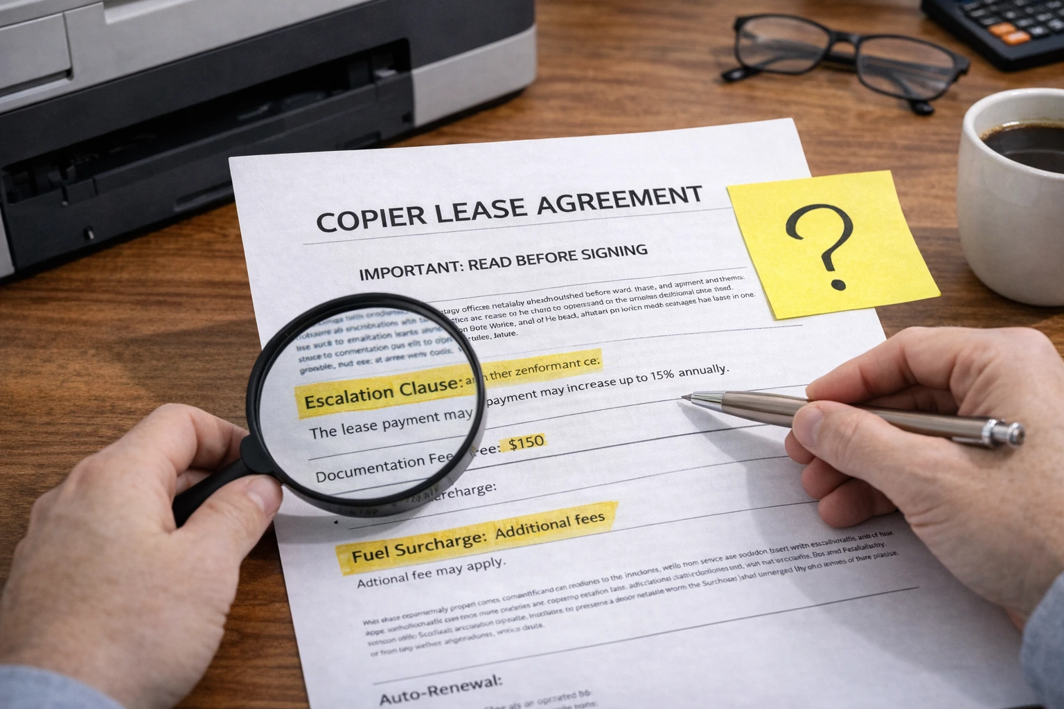 A business owner using a magnifying glass to inspect the fine print of Las Vegas Copier Lease Agreements.