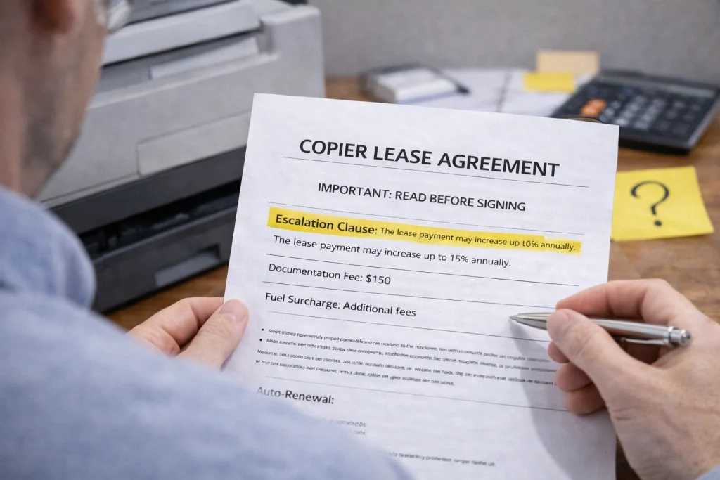 Person reviewing the "Important: Read Before Signing" section of Las Vegas Copier Lease Agreements.